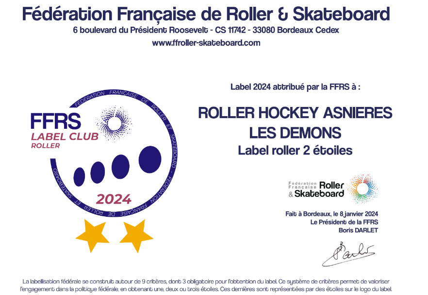 Roller Hockey Asnières labellisation ffrs 2023